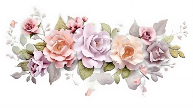 on white background , a banner, rose spring flowers design, intricate, realistic, Glaze, 3-Dimensional, 32k, Infused, LED, Supplementary-Colors, polished watercolor