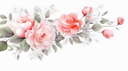 on white background , a banner, rose spring flowers design, intricate, realistic, Glaze, 3-Dimensional, 8k, Infused, LED, Supplementary-Colors, polished watercolor