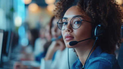 Telemarketing agent call center team, The Pulse of a Modern Call Center, operator with headset commitment to customer service excellence, technology, corporate world, customer care, teamwork - obrazy, fototapety, plakaty
