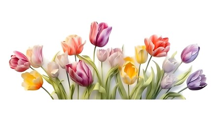 on white background , a banner, tulip spring flowers design, intricate, realistic, Glaze, 3-Dimensional, 4k, Infused, LED, Supplementary-Colors, polished watercolor