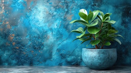 a potted plant sitting on a table in front of a painting of a blue and gold textured background.