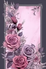 on subtle background, a blank frame with romantic rose flower design, intricate, realistic, Glaze, 3-Dimensional, 4K, Infused, LED, Supplementary-Colors, polished watercolor wedding invitation