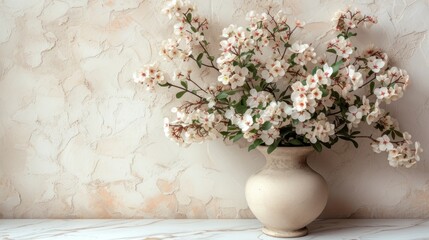 Fototapeta na wymiar a white vase filled with lots of white flowers on top of a white marble slab of counter top next to a wall.
