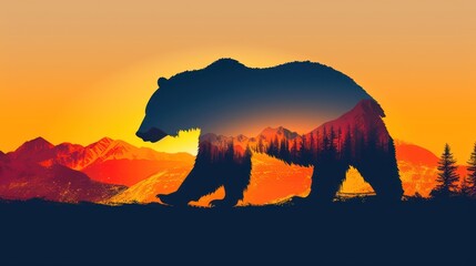 a silhouette of a bear walking across a field with a mountain range in the background as the sun goes down.