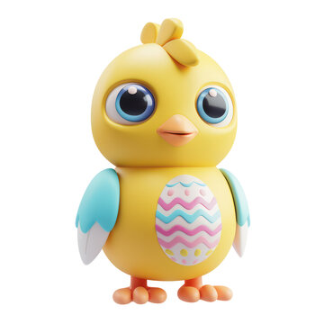 Adorable Easter chick with decorative egg for spring festivities. Easter day concept, cut out - stock png.