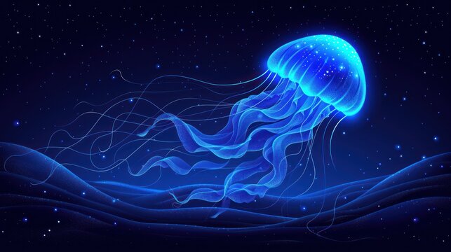 a blue jellyfish floating on top of a body of water under a blue sky filled with stars and clouds.