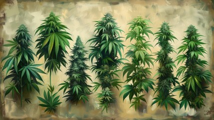 a painting of a row of marijuana plants in front of a backdrop of brown, green, and tan colors.