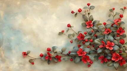 a painting of a bunch of red flowers with green leaves on a white background with a blue sky in the background.