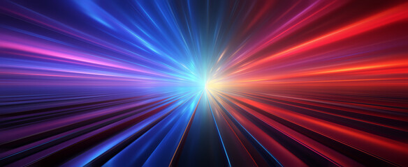Vibrant abstract background with radiant blue and red light beams converging into a bright central point, suggesting energy and movement - obrazy, fototapety, plakaty