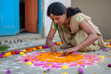 Indian woman traditional clothes making flower decoration rangoli near house. Ugadi, Gudi Padwa or Onam celebration. Hindu New Year. Religion, ethnic, custom and festive preparation concept
