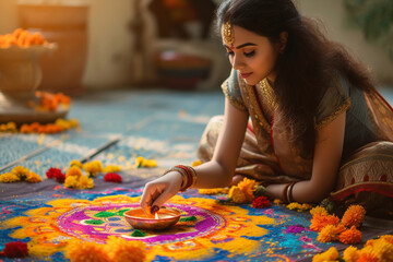 Indian young woman traditional clothes making flower decoration rangoli near house. Ugadi, Gudi Padwa or Onam celebration. Hindu New Year. Religion, ethnic, custom and festive preparation concept