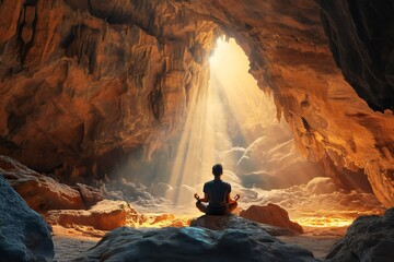 A man meditates in a beautiful cave where the sun's rays penetrate - Powered by Adobe