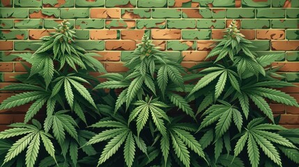 a group of marijuana plants growing in front of a brick wall with a green plant growing in front of it.