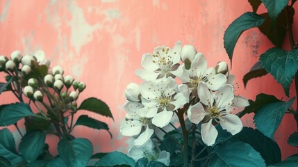 a group of white flowers sitting next to each other on top of a lush green leafy plant next to a pink wall.