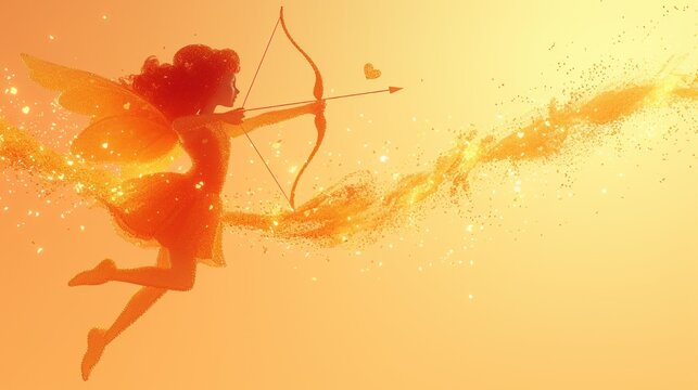 A Woman Dressed As A Fairy With A Bow And Arrow Flying Through The Air In Front Of A Yellow Background.