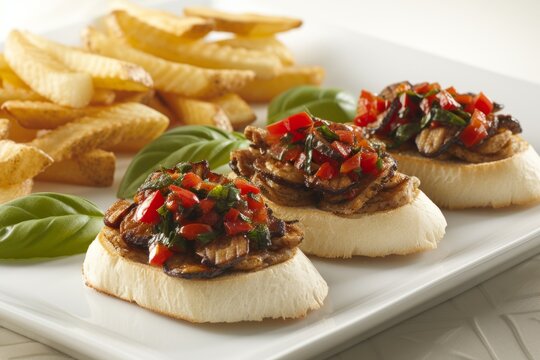 mini bruschettas with delicious filling on a white plate with French fries. catering concept.