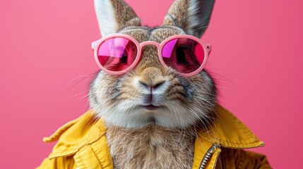a close up of a rabbit wearing sunglasses and a yellow jacket with pink tinted glasses on it's face.