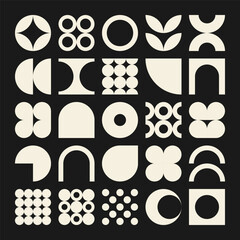 Brutalist geometric shapes, symbols. Simple primitive elements and forms, icons. Retro design, trendy contemporary minimalist style, y2k. Vector illustration.