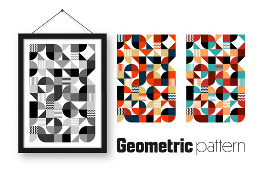 Picture frame with geometric trendy pattern. Modern background, simple elements. Retro texture, basic geometric shapes. Print design, minimalist poster cover. Vector illustration
