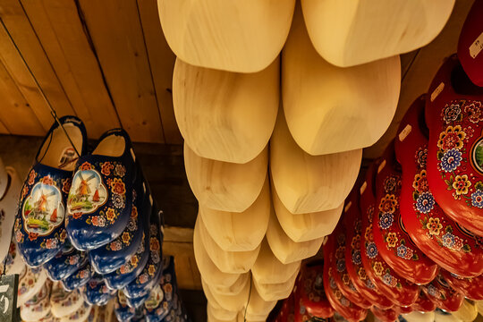 Clogs, traditional wooden shoes - klompen - a symbol of the Netherlands, in the store of the Zaanse Schans museum village. ZAANDAM, The NETHERLANDS. February 9, 2024.