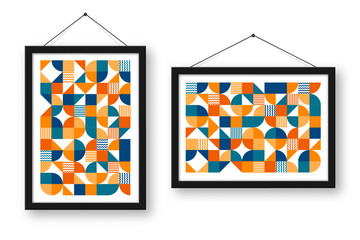 Picture frame with geometric trendy pattern. Modern background, simple elements. Retro texture, basic geometric shapes. Print design, minimalist poster cover. Vector illustration