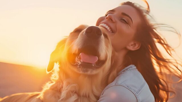 Smiling young woman enjoys a beautiful sunset with her loyal golden retriever, sharing a moment of happiness outdoors