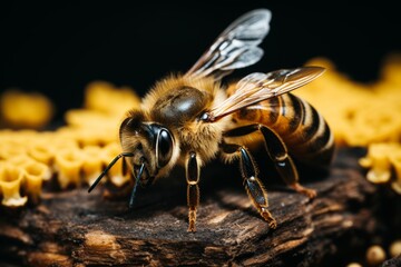 A close-up photograph of a honeybee on a honeycomb. The bee is covered with pollen and has a long proboscis. The honeycomb is made of hexagonal cells.