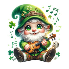 gnome Playing traditional Irish instruments on St. Patrick's Day, watercolor clipart
