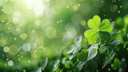 4-leaf clovers celebrating St. Patrick’s Day with copy space in green in high resolution and high sharpness hd - obrazy, fototapety, plakaty