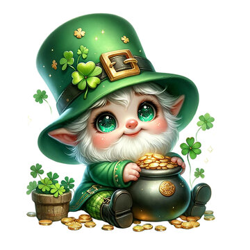 Pot of Gold Gnome. Watercolor St.Patrick's Day clipart