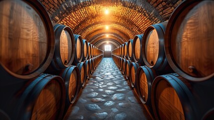 Oak barrels for aging wine in a cellar. Ai generative