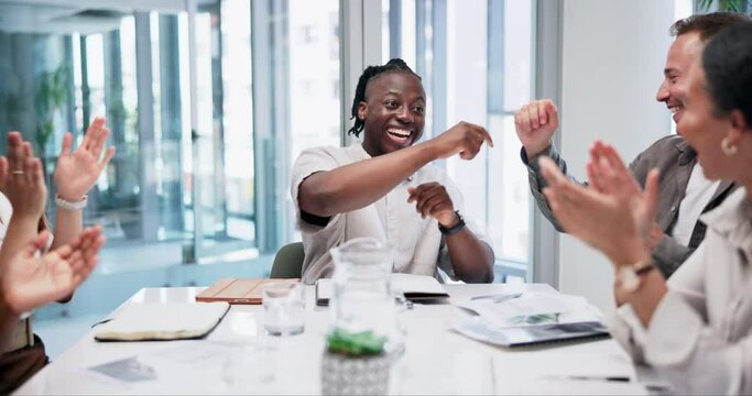 Celebration, high five or business people clapping in meeting for winning, team support or motivation. Smile, happy audience or applause of employees for target goals, sales achievement or success