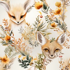 Fennec foxes playing among vibrant flowers in a seamless pattern. Ideal for wallpapers, fabrics, and more. Add a desert touch to your projects with this design.