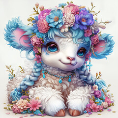 Cute lamb with flowers in her hair. Fantasy sheep girl with spring flowers. Blue ears and braids. Cyan necklace 