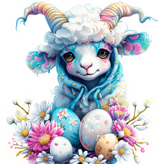 Easter lamb with flowers and eggs. Cute colorful lamb