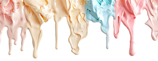 Different colors of ice creams dripping over isolated transparent background