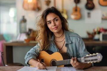 A young woman is seen sitting at a table, playing a guitar and writing song lyrics. - obrazy, fototapety, plakaty