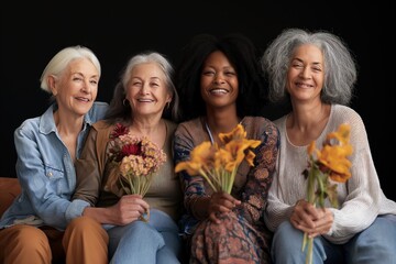 A diverse group of women sitting next to each other, holding flowers in their hands.