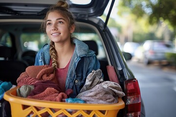 A female college student moves clothes in the backseat of a car.