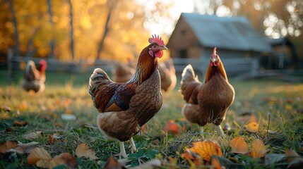 Free-range chickens during on sunrise. Ai generative