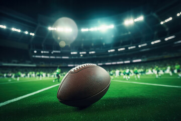 Close-up View of American Football on Field with Stadium Lights Illuminating the Night Game