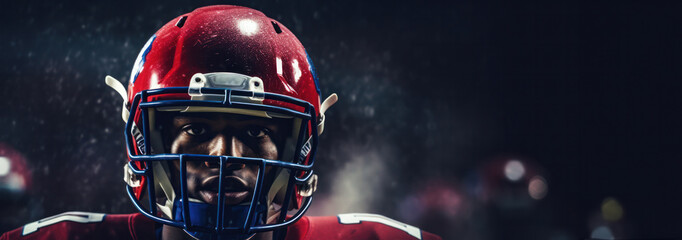 Focused American Football Player in Red Helmet and Uniform Under Stadium Lights. Banner with copy space