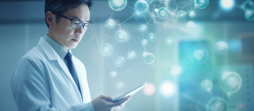 science illustration asian doctor white bluse working on a tablet molecules atoms chemical compounds research center white and blue background focused scientist concept of business technology