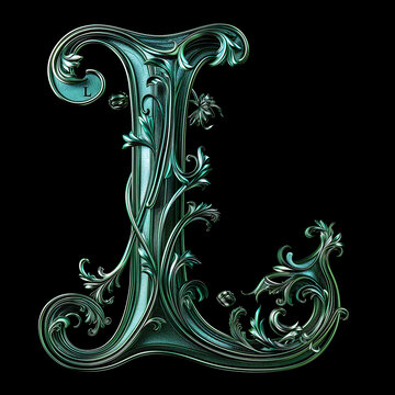  Letter L detailed Art Nouveau sculpture icon on black background