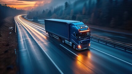 Semi Truck In Motion. Speeding Truck on the Highway. Trucking Business Concept. Electric concept truck. Ai generative - obrazy, fototapety, plakaty