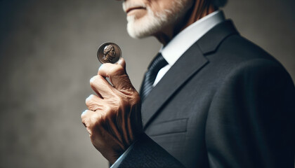 Naklejka premium Elderly professional examining coin with focused attention side view