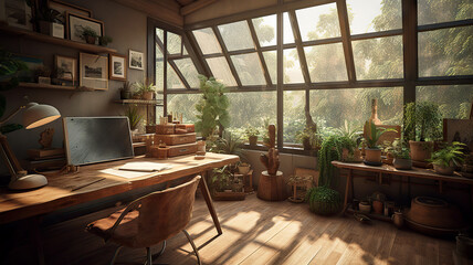 Fototapeta premium home office with plant, desk and large windows - AI generative
