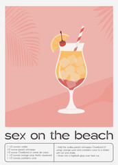 Sex On The Beach Tropical Cocktail garnished with orange and cherry. Classic alcoholic beverage recipe wall art print. Summer aperitif poster. Minimalist alcoholic drink placard. Vector illustration.