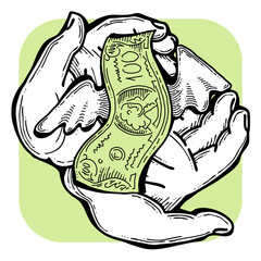 Big dollars banknotes money in your hands. Finance business, commerce, payment economy  theme for poster print, design elements. Take or give loan. Hand drawn illustration. Cartoon style drawing.