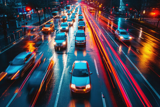 Fotografía del trafico caótico con luces de autos en movimiento, capturando la intensidad y ritmo de la vida urbana moderna, fotografía de larga exposición